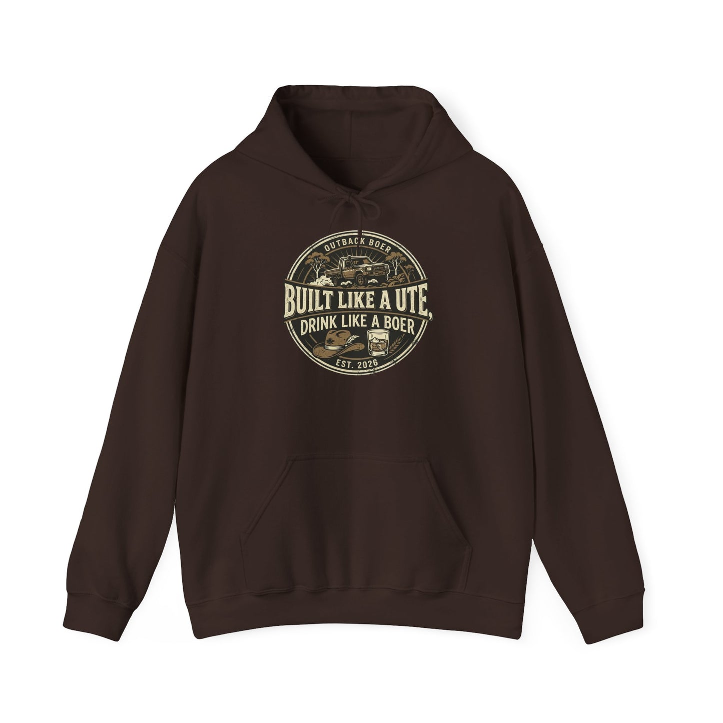 Built Like a Ute Hoodie – "Built Like a Ute, Drink Like a Boer" Vintage Badge