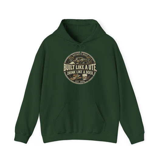 Built Like a Ute Hoodie – "Built Like a Ute, Drink Like a Boer" Vintage Badge
